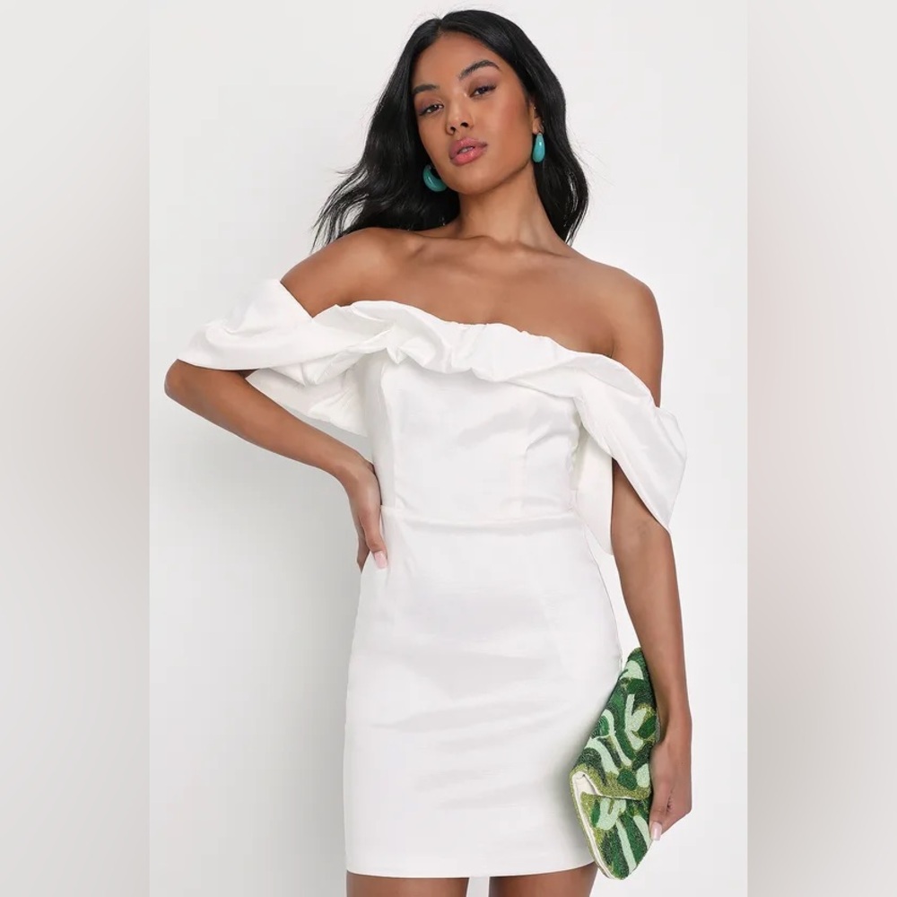 Lulus Fanciful Feat White Taffeta Off-the-Shoulder Bodycon Mini Dress